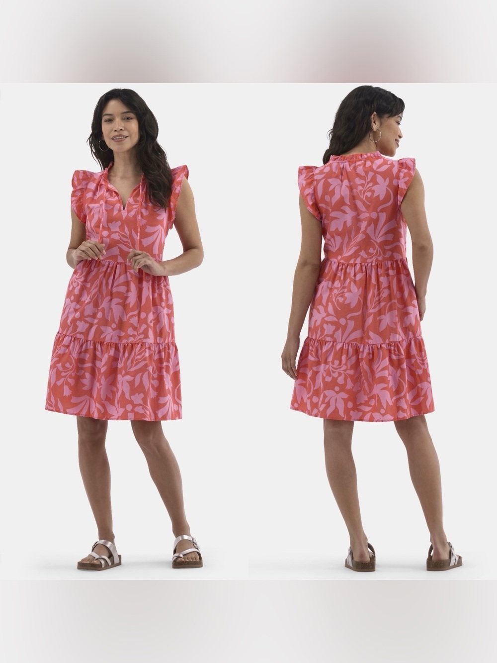 Time and Tru Coral Pink Floral Ruffle Sleeve Tiered Mini Dress